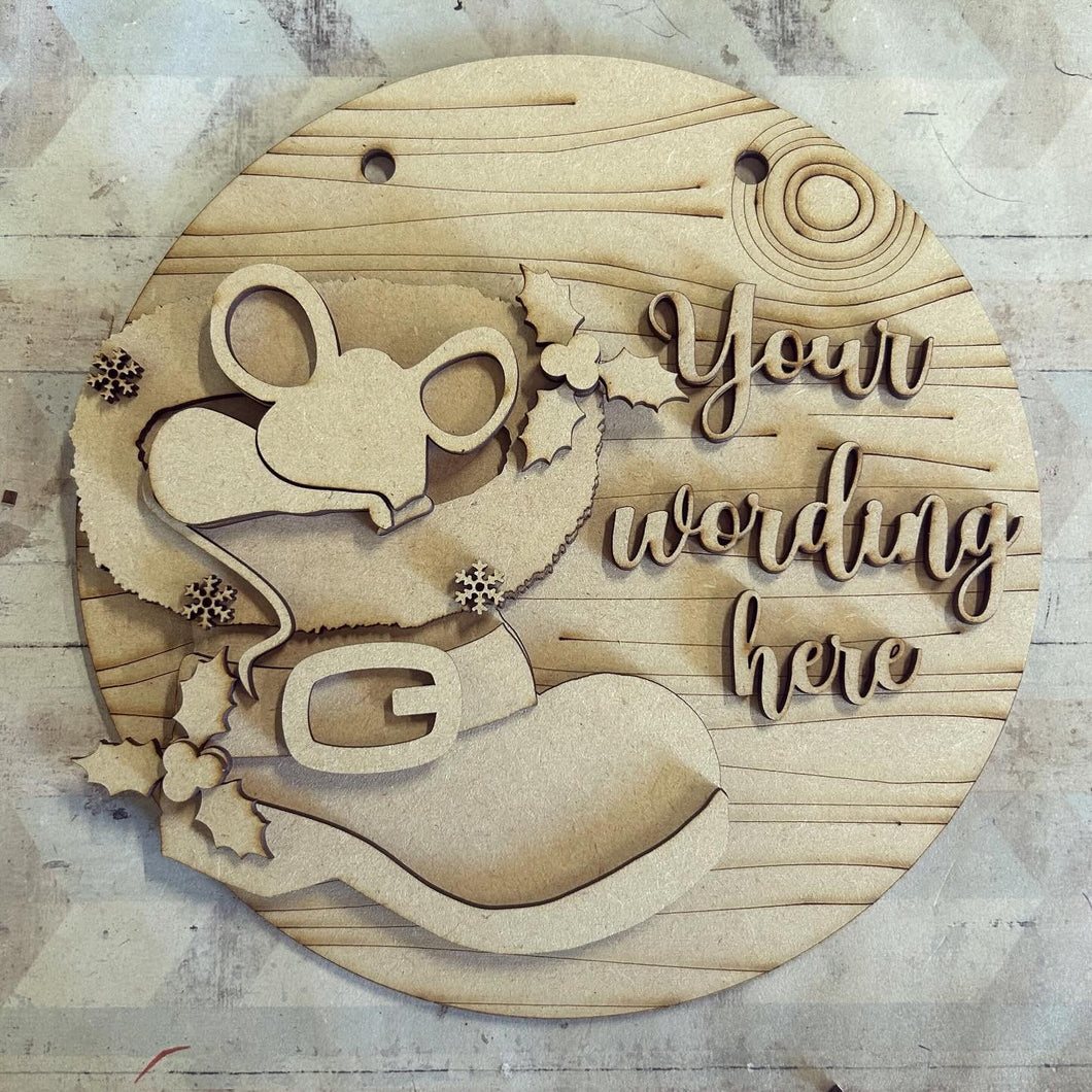 OL5136 - MDF Christmas Large  Cute Sleeping Mouse in Boot Personalised Plaque - Olifantjie - Wooden - MDF - Lasercut - Blank - Craft - Kit - Mixed Media - UK