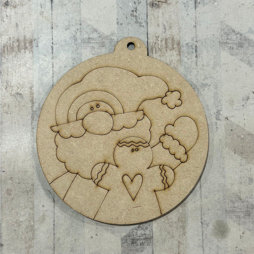 NO471 - MDF 2 Sizes  Christmas Hanging Bauble - Engraved Santa Gingerbread Round - Olifantjie - Wooden - MDF - Lasercut - Blank - Craft - Kit - Mixed Media - UK