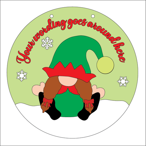 OL5300 - Large Round Personalised Christmas Plaque - Optional Hanging - Female Elf Gnome Gonk - Olifantjie - Wooden - MDF - Lasercut - Blank - Craft - Kit - Mixed Media - UK