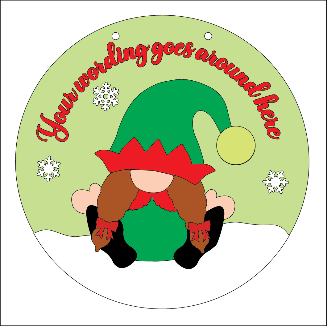 OL5300 - Large Round Personalised Christmas Plaque - Optional Hanging - Female Elf Gnome Gonk - Olifantjie - Wooden - MDF - Lasercut - Blank - Craft - Kit - Mixed Media - UK