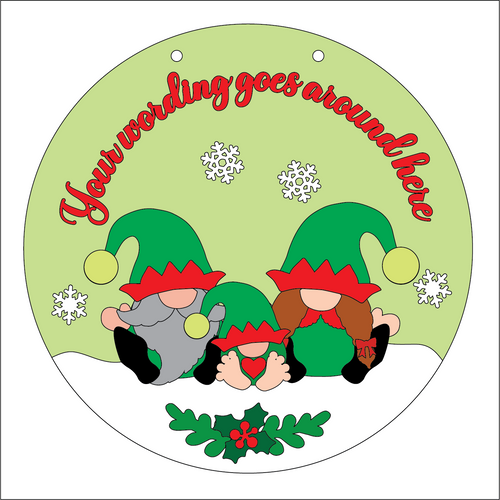 OL5302 - Large Round Personalised Christmas Plaque - Optional Hanging - Family Elf Gnome Gonk - Olifantjie - Wooden - MDF - Lasercut - Blank - Craft - Kit - Mixed Media - UK