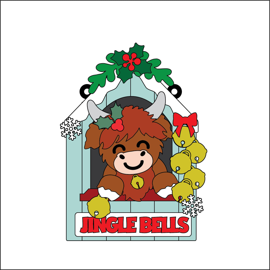 OL5236 - MDF Hanging Christmas Market Stall - Highland Cow Bells - Olifantjie - Wooden - MDF - Lasercut - Blank - Craft - Kit - Mixed Media - UK