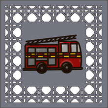 OL4395 - MDF Rattan effect square plaque with vehicle doodle - Fire engine - Olifantjie - Wooden - MDF - Lasercut - Blank - Craft - Kit - Mixed Media - UK