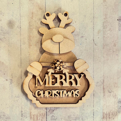 NO145 - MDF 2 Sizes Christmas Reindeer ‘Merry Christmas’ sign   Hanging Bauble - Olifantjie - Wooden - MDF - Lasercut - Blank - Craft - Kit - Mixed Media - UK