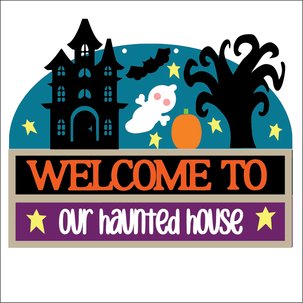NO759 - MDF Large Welcome Haunted House Halloween Hanging Plaque - Olifantjie - Wooden - MDF - Lasercut - Blank - Craft - Kit - Mixed Media - UK