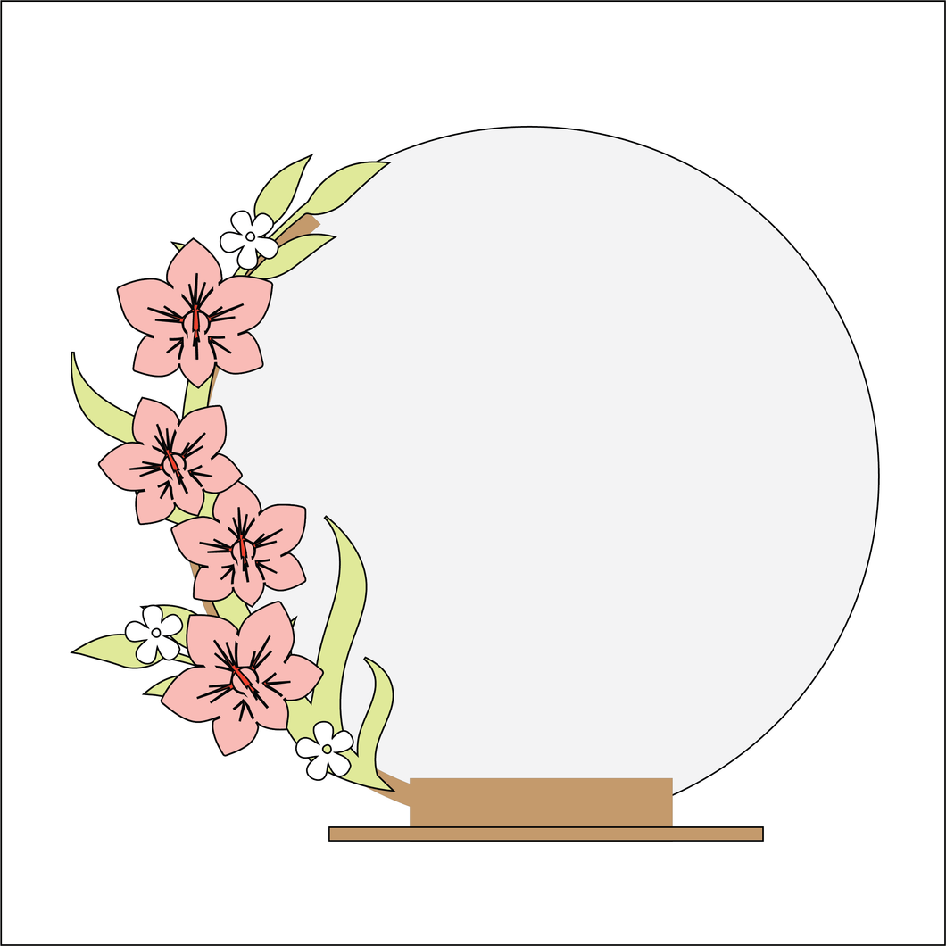 OL4900 - MDF Orchid Flower Themed Circle - Freestanding or Hanging/no holes - Acrylic white, or clear or MDF Circle - Olifantjie - Wooden - MDF - Lasercut - Blank - Craft - Kit - Mixed Media - UK