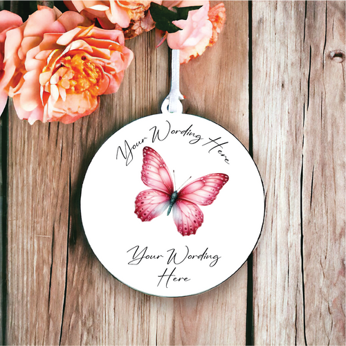 UV778 - Acrylic and UVDTF Personalised Round Hanging  - Butterfly - Pink 2 - Olifantjie - Wooden - MDF - Lasercut - Blank - Craft - Kit - Mixed Media - UK