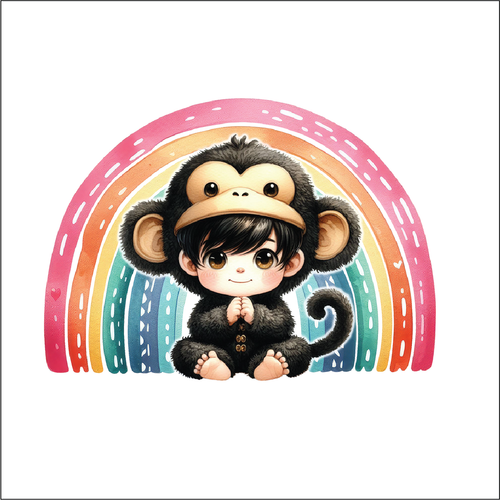 UV043 - UVDTF - Decal only Dress up rainbow  child monkey 2 - Olifantjie - Wooden - MDF - Lasercut - Blank - Craft - Kit - Mixed Media - UK