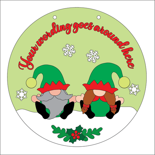 OL5303 - Large Round Personalised Christmas Plaque - Optional Hanging - Couple Elf Gnome Gonk - Olifantjie - Wooden - MDF - Lasercut - Blank - Craft - Kit - Mixed Media - UK