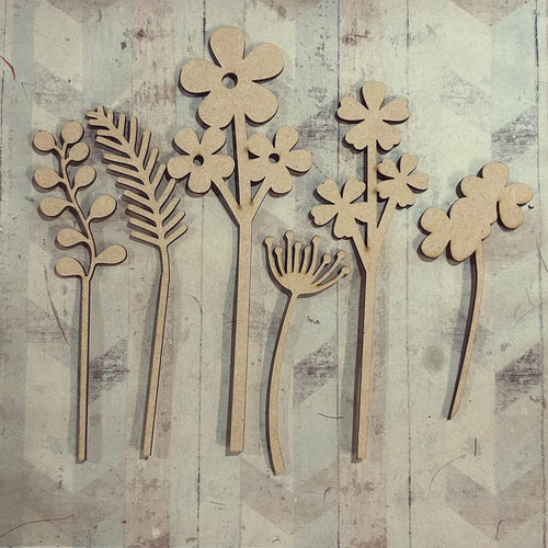 OL5981 - MDF Mixed Flowers Stems pack of 6 style 1 - Olifantjie - Wooden - MDF - Lasercut - Blank - Craft - Kit - Mixed Media - UK