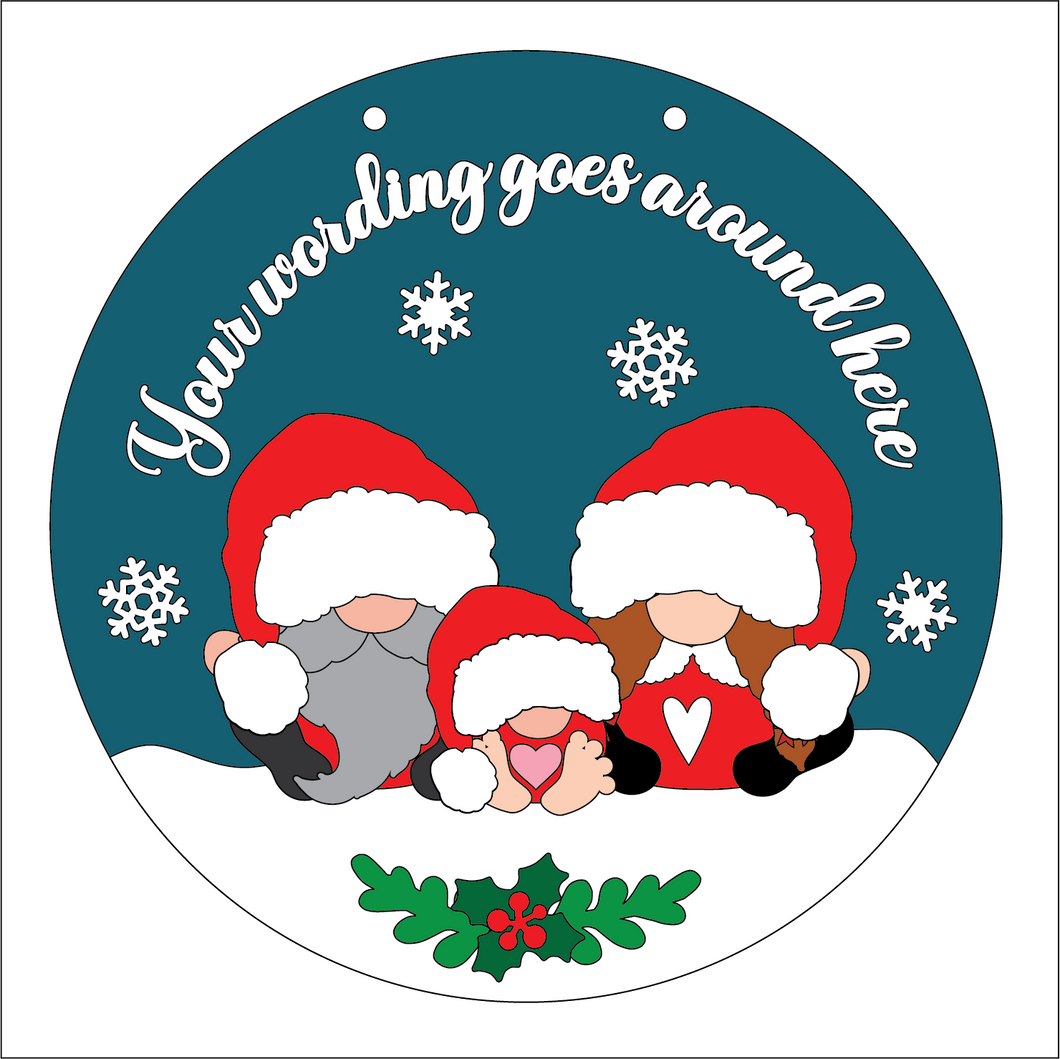 OL5305 - Large Round Personalised Christmas Plaque - Optional Hanging - Santa Gonk Gnome Family - Olifantjie - Wooden - MDF - Lasercut - Blank - Craft - Kit - Mixed Media - UK