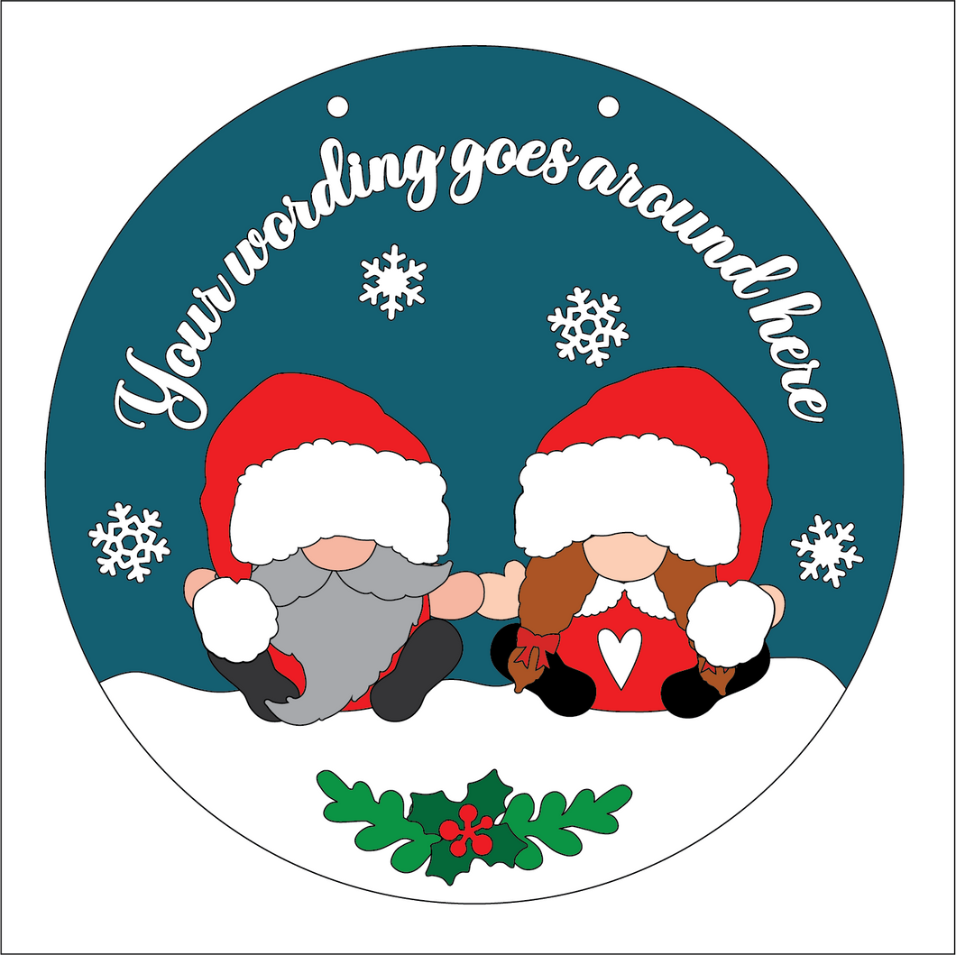 OL5306 - Large Round Personalised Christmas Plaque - Optional Hanging - Santa Gonk Gnome Couple - Olifantjie - Wooden - MDF - Lasercut - Blank - Craft - Kit - Mixed Media - UK