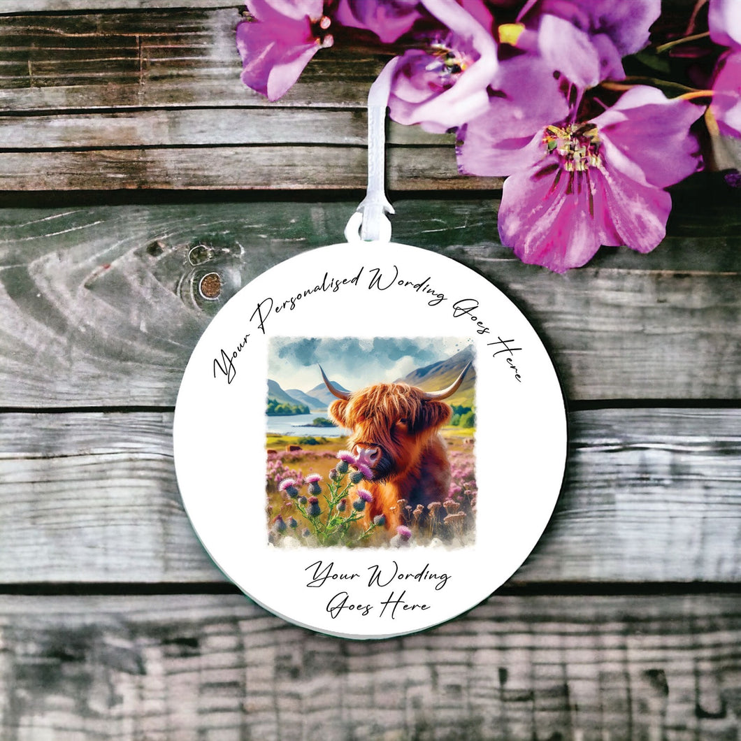 UV895 - Acrylic and UVDTF Personalised Round Hanging  - Highland Cow 22 - Olifantjie - Wooden - MDF - Lasercut - Blank - Craft - Kit - Mixed Media - UK