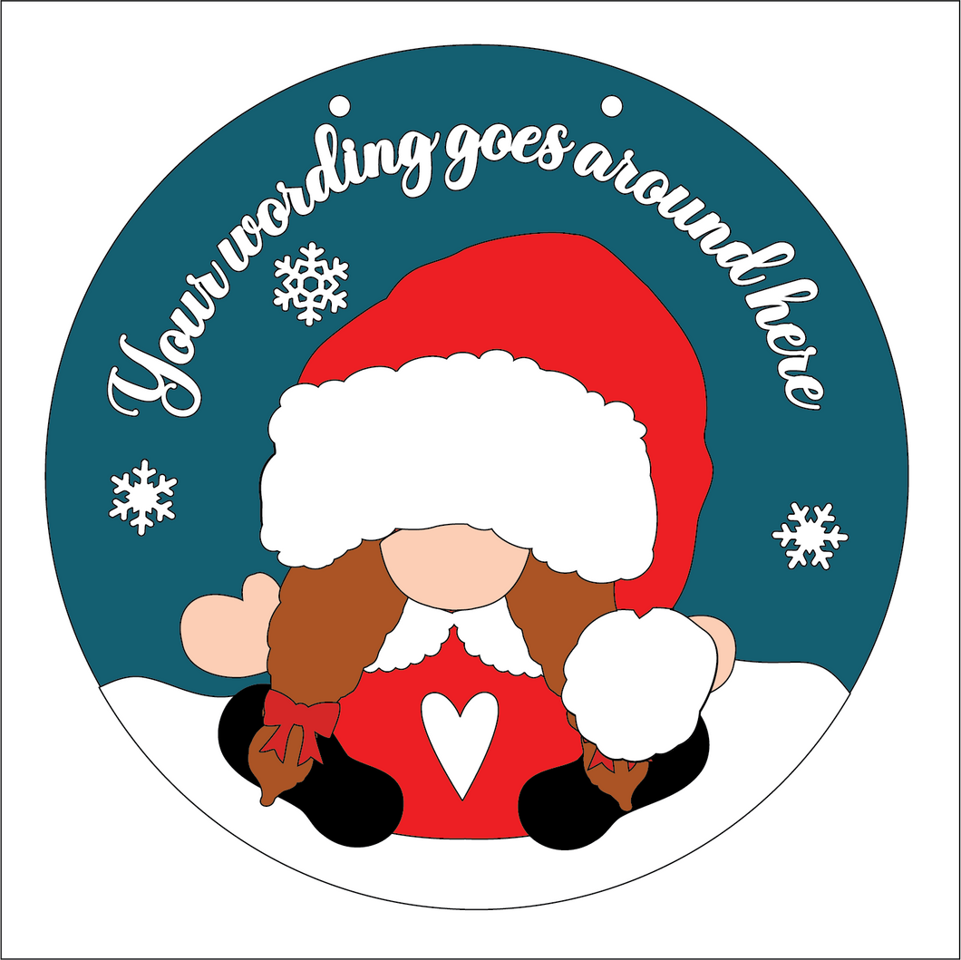 OL5308 - Large Round Personalised Christmas Plaque - Optional Hanging - Santa Gonk Gnome Female - Olifantjie - Wooden - MDF - Lasercut - Blank - Craft - Kit - Mixed Media - UK