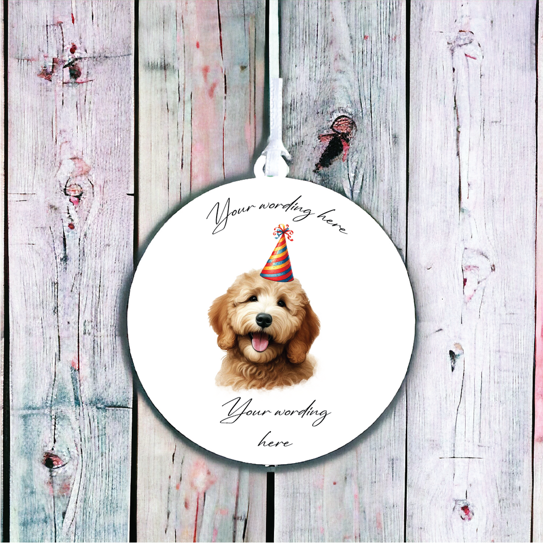 UV742  - Acrylic and UVDTF Personalised Round Hanging  - Dog Party Hat - 56 Golden Doodle - Olifantjie - Wooden - MDF - Lasercut - Blank - Craft - Kit - Mixed Media - UK