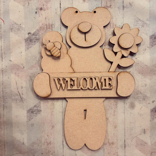 NO562 - MDF Large Hanging welcome Bear - Olifantjie - Wooden - MDF - Lasercut - Blank - Craft - Kit - Mixed Media - UK