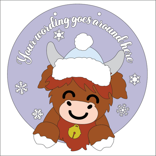 OL5311 - Large Round Personalised Christmas Plaque - Optional Hanging - Bobble Hat Highland Cow - Olifantjie - Wooden - MDF - Lasercut - Blank - Craft - Kit - Mixed Media - UK