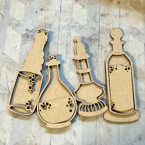 Sale AA74 Set 4 bottles - Olifantjie - Wooden - MDF - Lasercut - Blank - Craft - Kit - Mixed Media - UK
