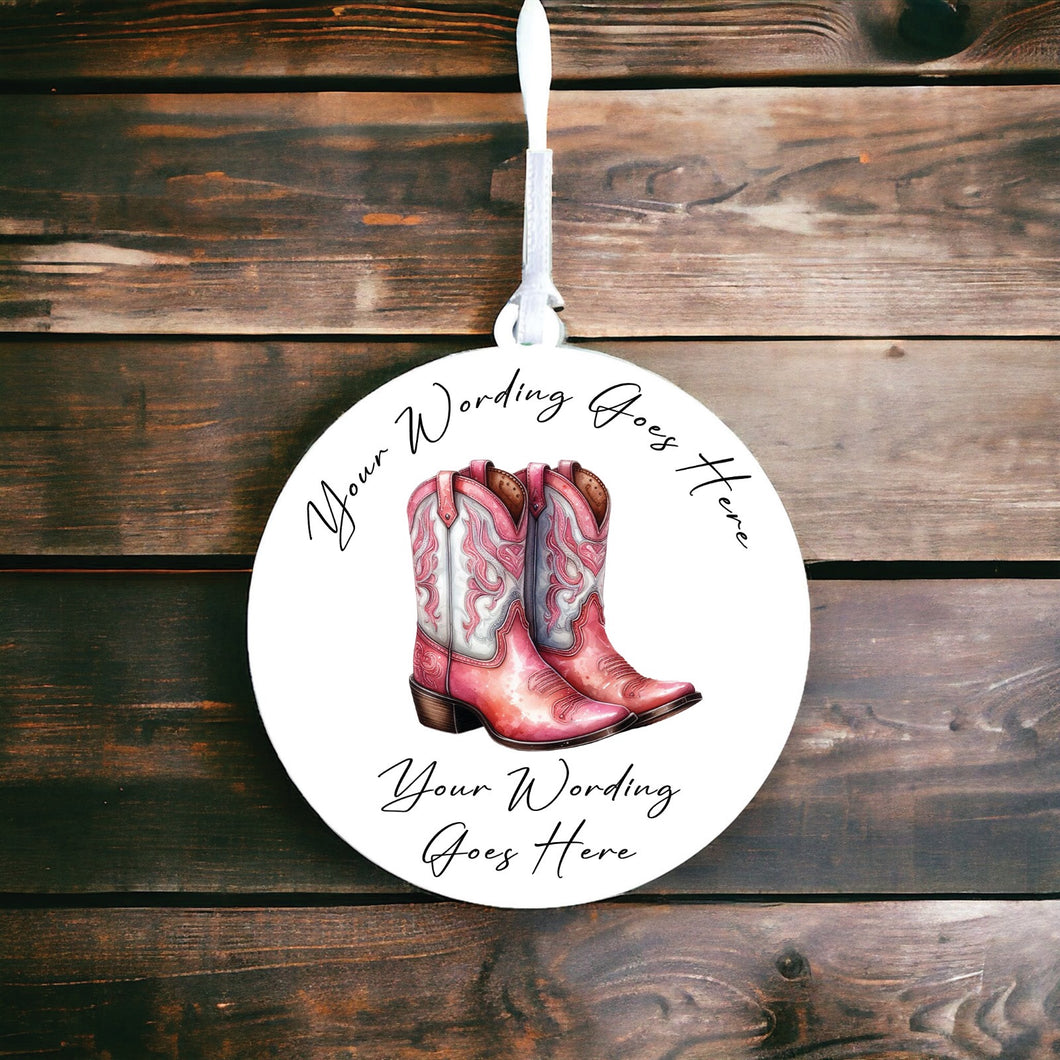 UV838 - Acrylic and UVDTF Personalised Round Hanging  - Cowboy Boots 3 - Olifantjie - Wooden - MDF - Lasercut - Blank - Craft - Kit - Mixed Media - UK