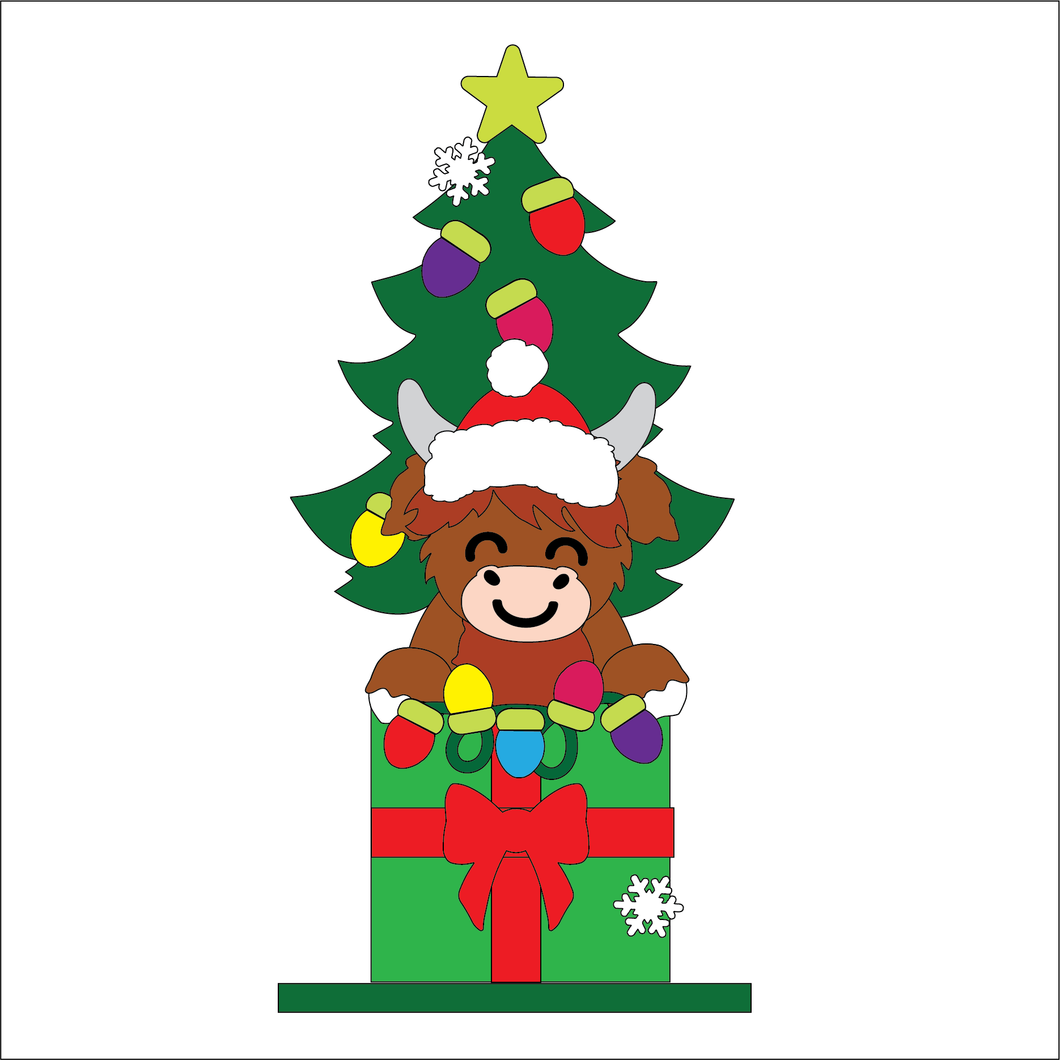 OL5387 - MDF Christmas Lights Tree Stacker Freestanding Kit - Highland Cow 1 - Olifantjie - Wooden - MDF - Lasercut - Blank - Craft - Kit - Mixed Media - UK