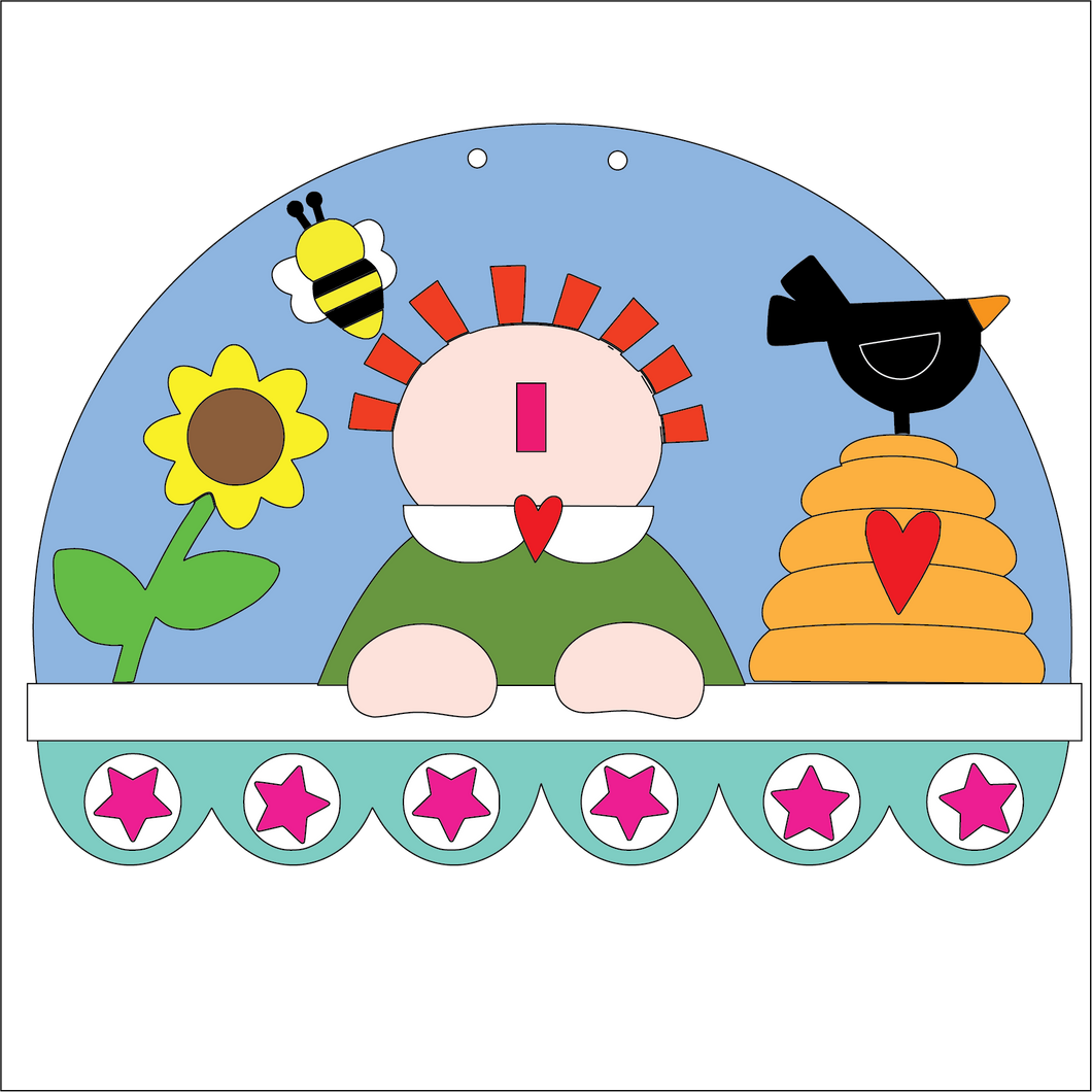 NO737 - MDF Large Primitive Annie Bumble Bee scene Half Circle Hanging Plaque - Olifantjie - Wooden - MDF - Lasercut - Blank - Craft - Kit - Mixed Media - UK