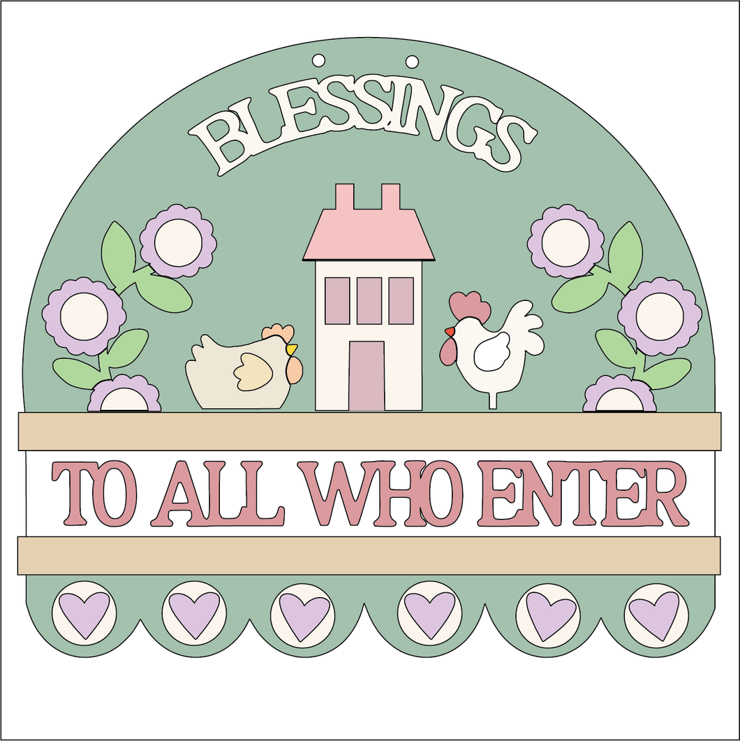 NO749 - MDF Large Blessings To All That Enter Hanging Plaque - Olifantjie - Wooden - MDF - Lasercut - Blank - Craft - Kit - Mixed Media - UK