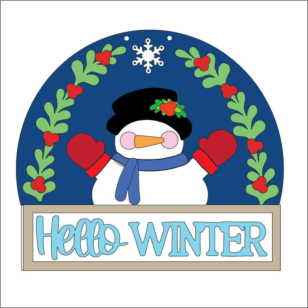 NO760 - MDF Large Snowman Hello Winter Hanging Plaque - Olifantjie - Wooden - MDF - Lasercut - Blank - Craft - Kit - Mixed Media - UK