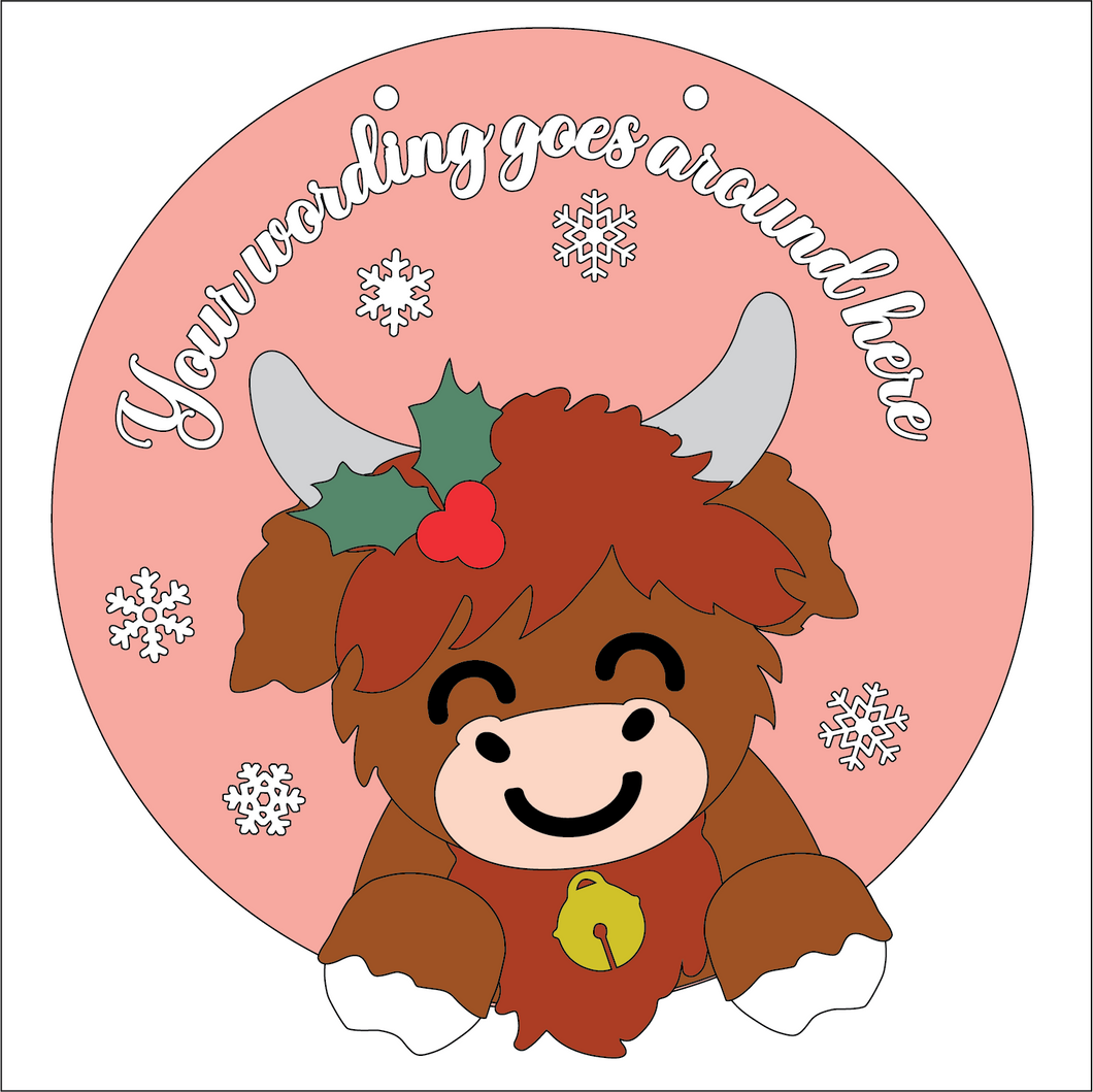 OL5315 - Large Round Personalised Christmas Plaque - Optional Hanging - Holly Highland Cow - Olifantjie - Wooden - MDF - Lasercut - Blank - Craft - Kit - Mixed Media - UK