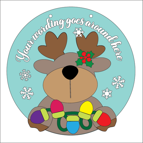 OL5316 - Large Round Personalised Christmas Plaque - Optional Hanging - Rudolph Reindeer Lights - Olifantjie - Wooden - MDF - Lasercut - Blank - Craft - Kit - Mixed Media - UK