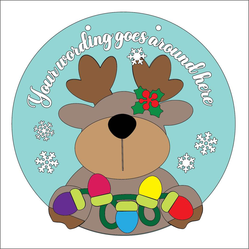 OL5316 - Large Round Personalised Christmas Plaque - Optional Hanging - Rudolph Reindeer Lights - Olifantjie - Wooden - MDF - Lasercut - Blank - Craft - Kit - Mixed Media - UK