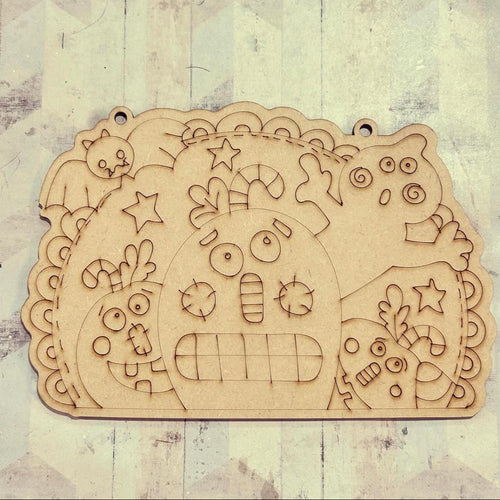 NO410 - MDF Autumn Halloween Scene Engraved Optional Hanging Sign Large - Olifantjie - Wooden - MDF - Lasercut - Blank - Craft - Kit - Mixed Media - UK