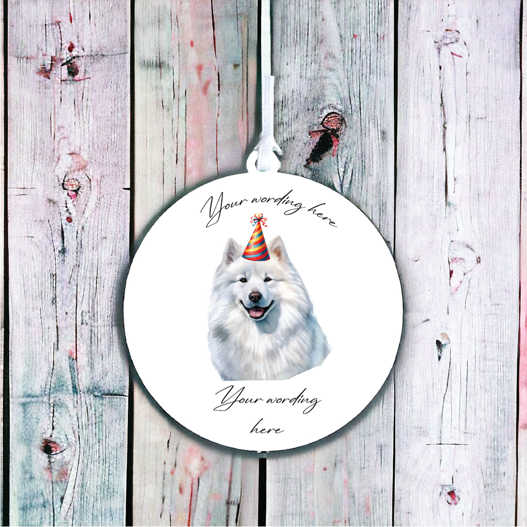 UV750 - Acrylic and UVDTF Personalised Round Hanging  - Dog Party Hat - 64 Samoyed - Olifantjie - Wooden - MDF - Lasercut - Blank - Craft - Kit - Mixed Media - UK