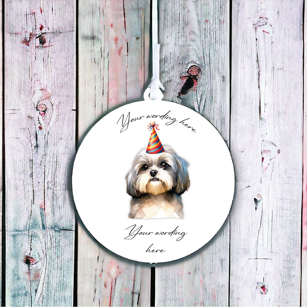 UV751 - Acrylic and UVDTF Personalised Round Hanging  - Dog Party Hat - 65 Shih Tzu - Olifantjie - Wooden - MDF - Lasercut - Blank - Craft - Kit - Mixed Media - UK