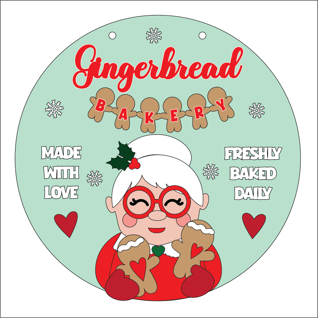 OL5320 - Large Round  Christmas Plaque - Optional Hanging - Mrs Claus Gingerbread Bakery - Olifantjie - Wooden - MDF - Lasercut - Blank - Craft - Kit - Mixed Media - UK