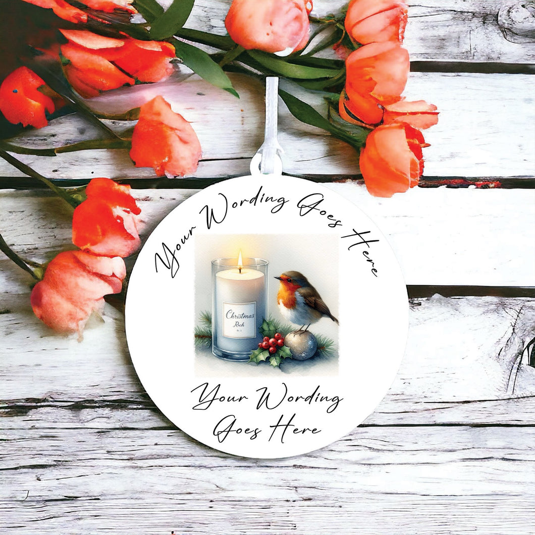 UV849 - Acrylic and UVDTF Personalised Round Hanging  - Robin Scene 7 Candle - Olifantjie - Wooden - MDF - Lasercut - Blank - Craft - Kit - Mixed Media - UK