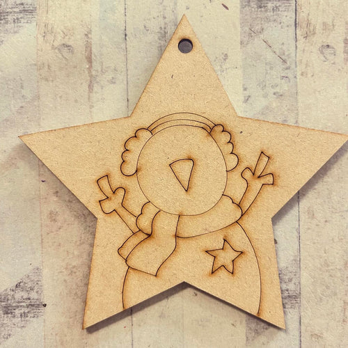 NO109 - MDF 2 Sizes  Christmas Hanging Bauble - Engraved Star Christmas Snowman 1 - Olifantjie - Wooden - MDF - Lasercut - Blank - Craft - Kit - Mixed Media - UK