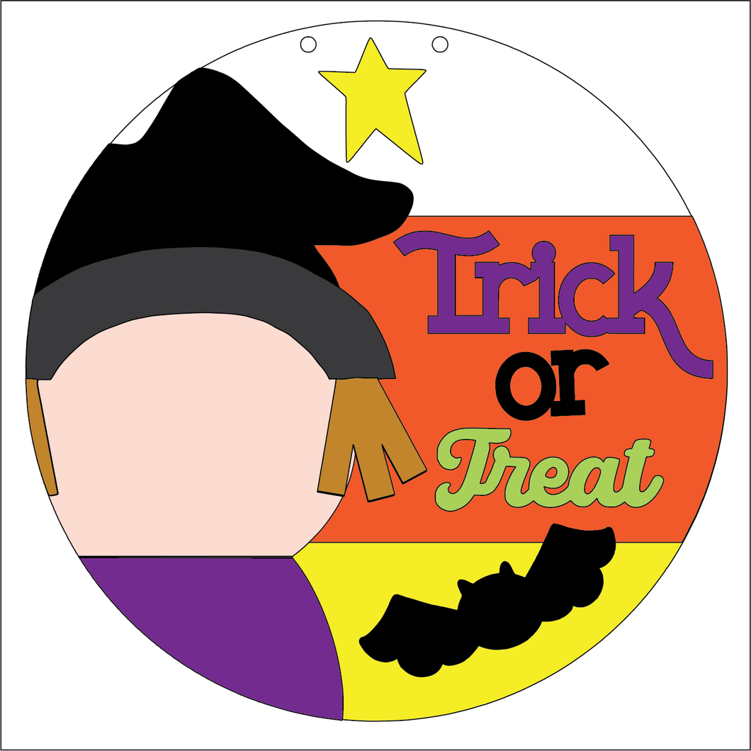 NO179 - MDF 2 Sizes Large Round Trick or Treat Hanging Sign - Olifantjie - Wooden - MDF - Lasercut - Blank - Craft - Kit - Mixed Media - UK