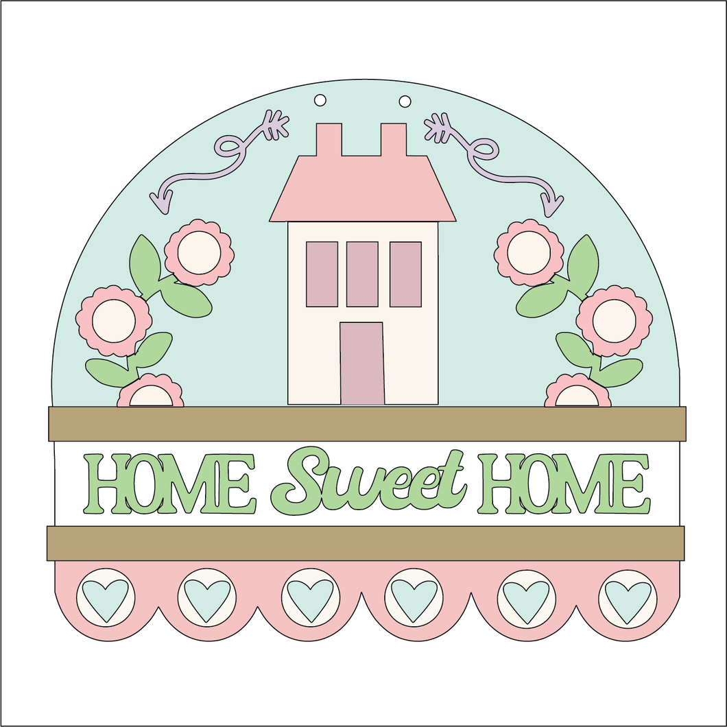NO750 - MDF Large Home Sweet Home Hanging Plaque - Olifantjie - Wooden - MDF - Lasercut - Blank - Craft - Kit - Mixed Media - UK