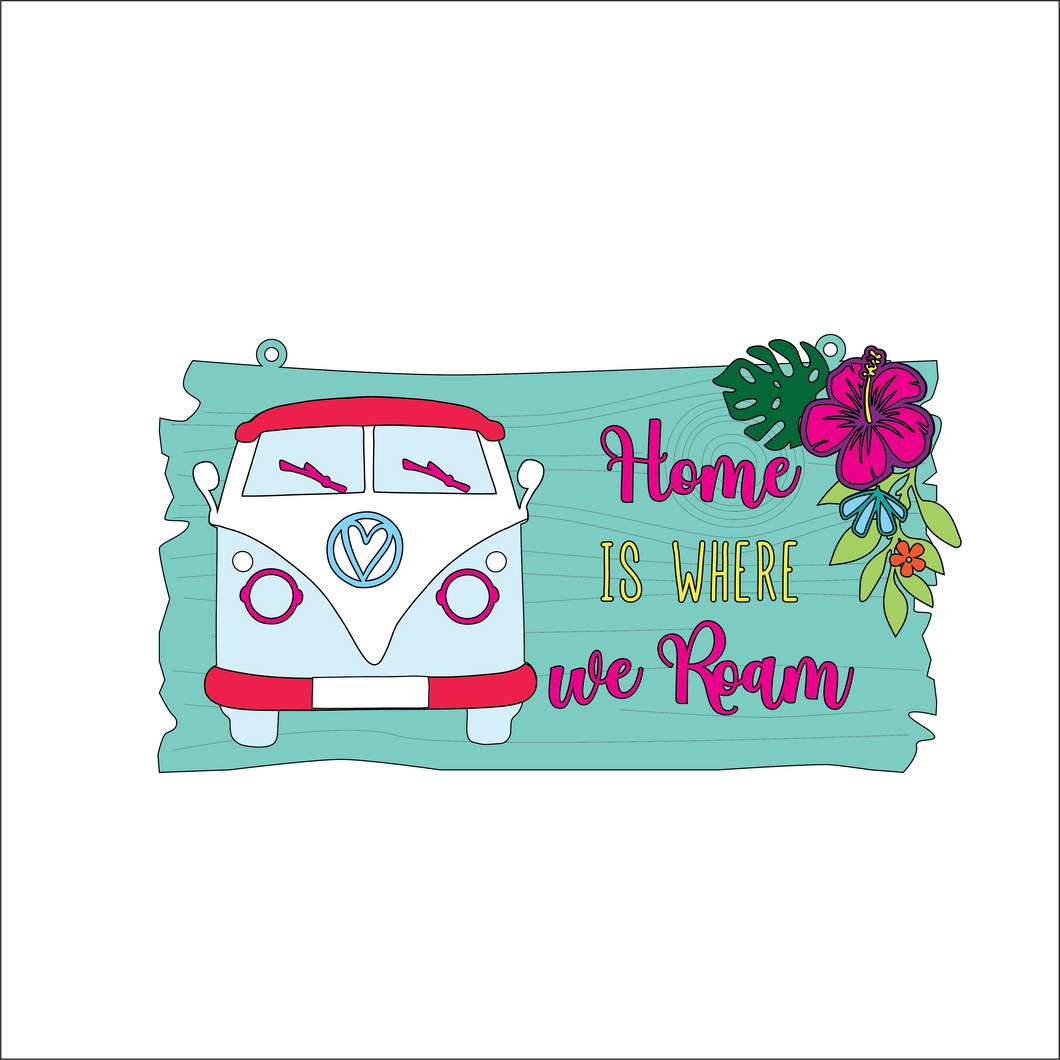 OL5148 - MDF Horizontal Drift Wood Plaque - Camper Van 'Home is where we/I Roam' - Tropical Flowers - Olifantjie - Wooden - MDF - Lasercut - Blank - Craft - Kit - Mixed Media - UK