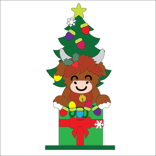 OL5388 - MDF Christmas Lights Tree Stacker Freestanding Kit - Highland Cow 2 - Olifantjie - Wooden - MDF - Lasercut - Blank - Craft - Kit - Mixed Media - UK