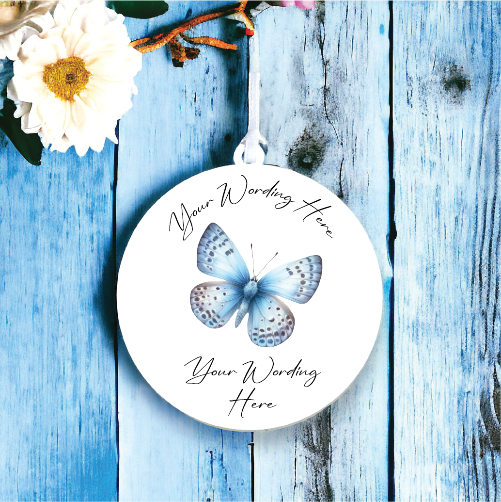 UV780 - Acrylic and UVDTF Personalised Round Hanging  - Butterfly - Blue 1 - Olifantjie - Wooden - MDF - Lasercut - Blank - Craft - Kit - Mixed Media - UK