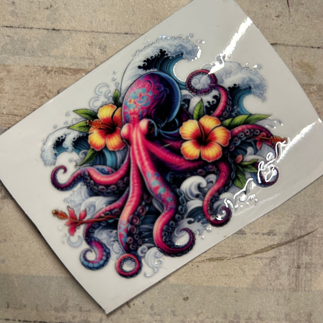 UV302 - UVDTF - Tattoo style Hibiscus Octopus  - tropical sea theme - Olifantjie - Wooden - MDF - Lasercut - Blank - Craft - Kit - Mixed Media - UK