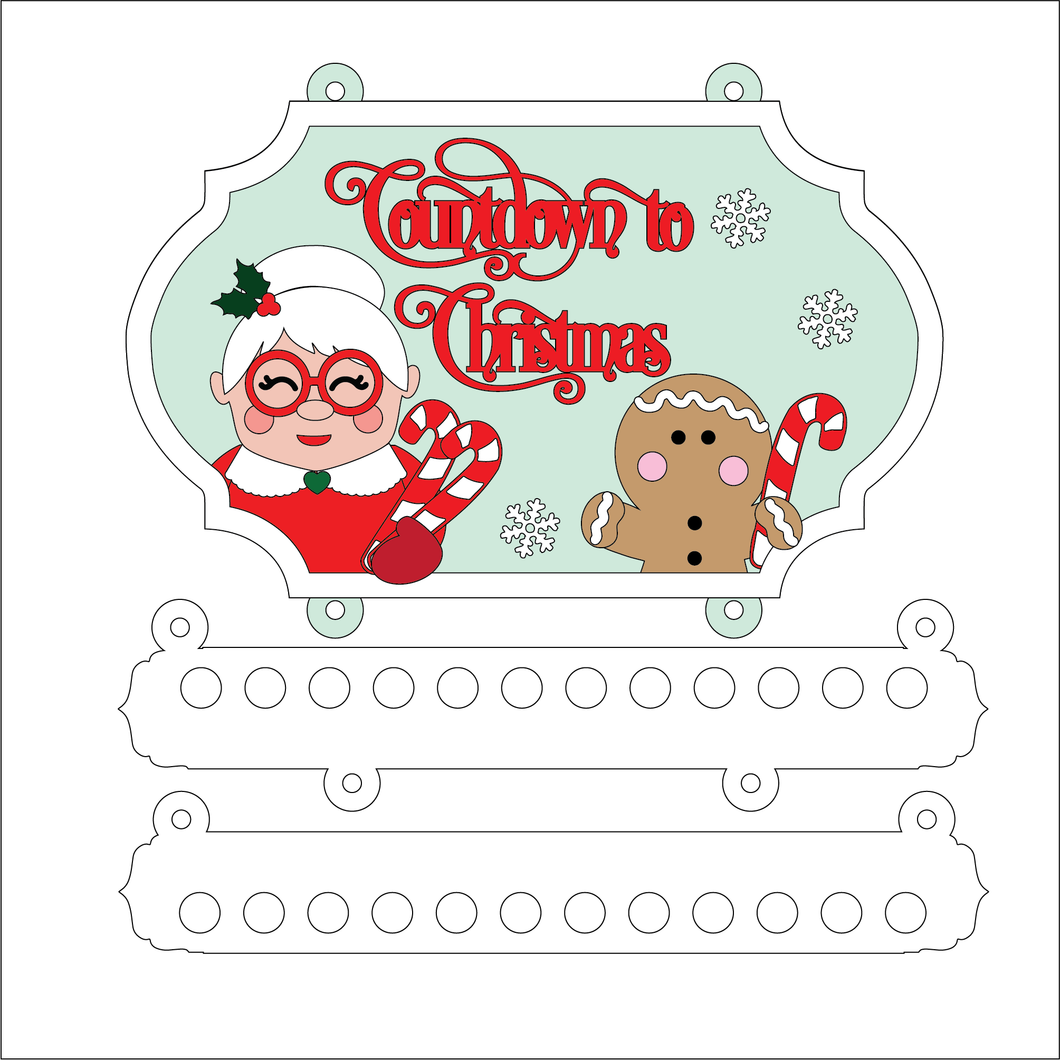 OL5246 - MDF Candy Cane Farmhouse Christmas Countdown Hanging Plaque - Mrs Claus and Gingerbread - Olifantjie - Wooden - MDF - Lasercut - Blank - Craft - Kit - Mixed Media - UK