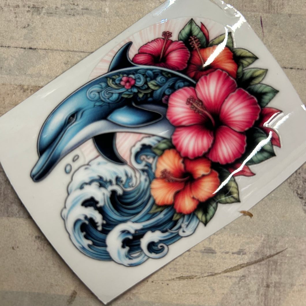 UV300 - UVDTF - Tattoo style Hibiscus Dolphin - tropical sea theme - Olifantjie - Wooden - MDF - Lasercut - Blank - Craft - Kit - Mixed Media - UK