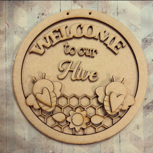 NO552 - MDF Large Bee Welcome to our Hive Hanging - Olifantjie - Wooden - MDF - Lasercut - Blank - Craft - Kit - Mixed Media - UK