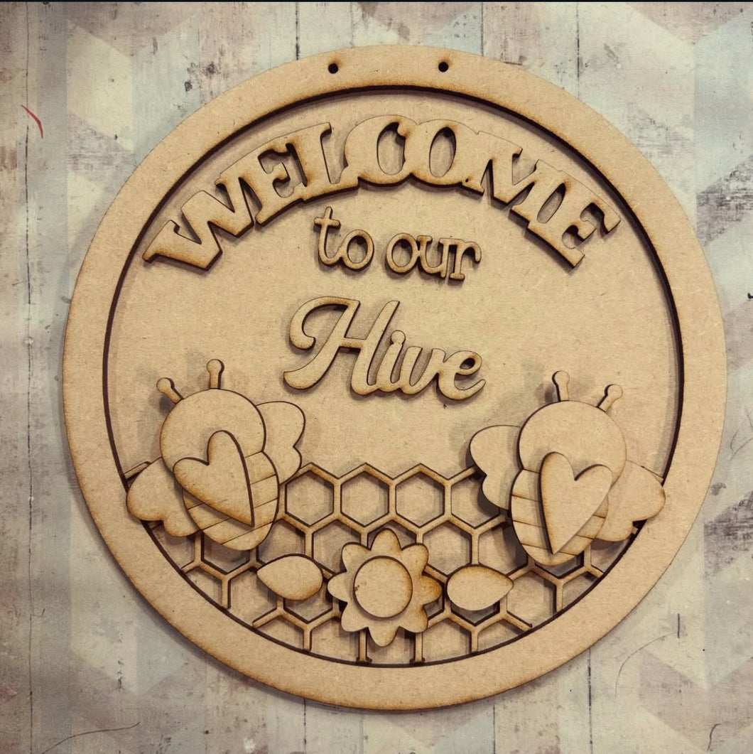 NO552 - MDF Large Bee Welcome to our Hive Hanging - Olifantjie - Wooden - MDF - Lasercut - Blank - Craft - Kit - Mixed Media - UK