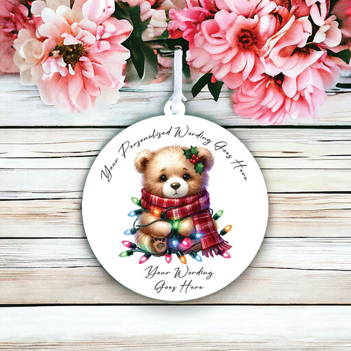 UV905 - Acrylic and UVDTF Personalised Round Hanging  - Christmas Animal Tangled Lights - Teddy Bear 3 - Olifantjie - Wooden - MDF - Lasercut - Blank - Craft - Kit - Mixed Media - UK