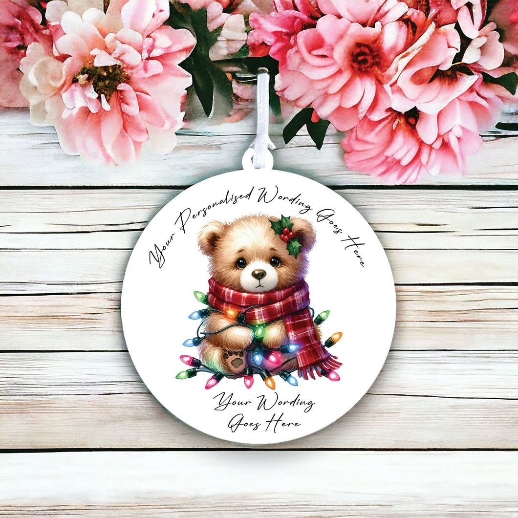 UV905 - Acrylic and UVDTF Personalised Round Hanging  - Christmas Animal Tangled Lights - Teddy Bear 3 - Olifantjie - Wooden - MDF - Lasercut - Blank - Craft - Kit - Mixed Media - UK