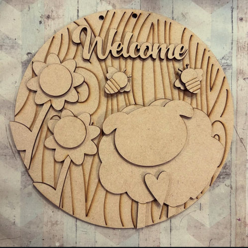 NO553 - MDF Large Sheep Welcome Hanging - Olifantjie - Wooden - MDF - Lasercut - Blank - Craft - Kit - Mixed Media - UK