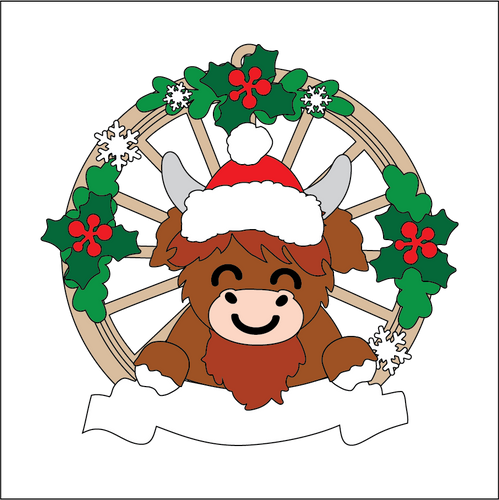 OL5437 - MDF Christmas Themed Cartwheel Hanging Bauble - Highland Cow 2 - Olifantjie - Wooden - MDF - Lasercut - Blank - Craft - Kit - Mixed Media - UK